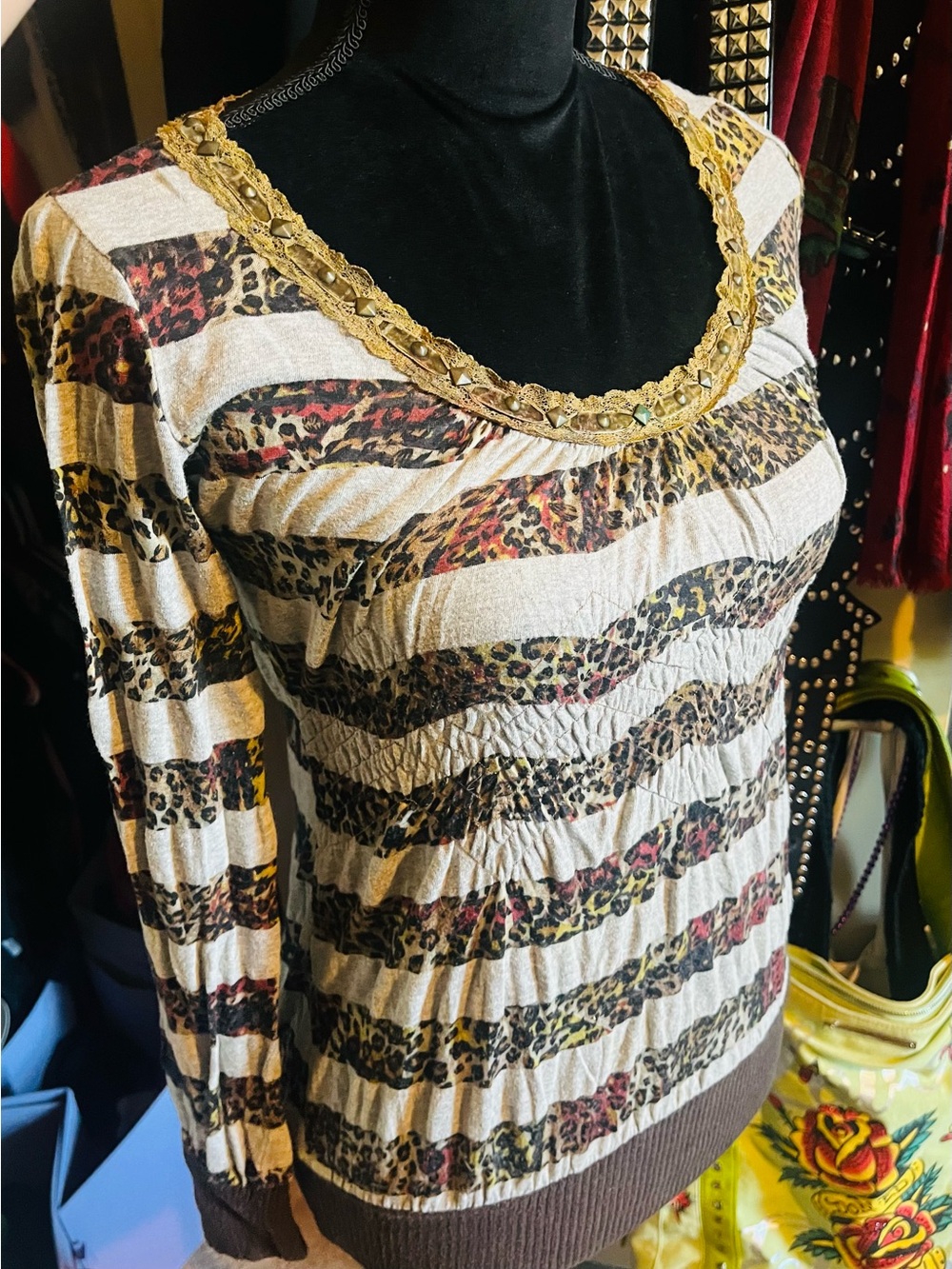 Daytrip Beige and Brown Leopard Stripe Long-Sleeve Scoop Neck Top